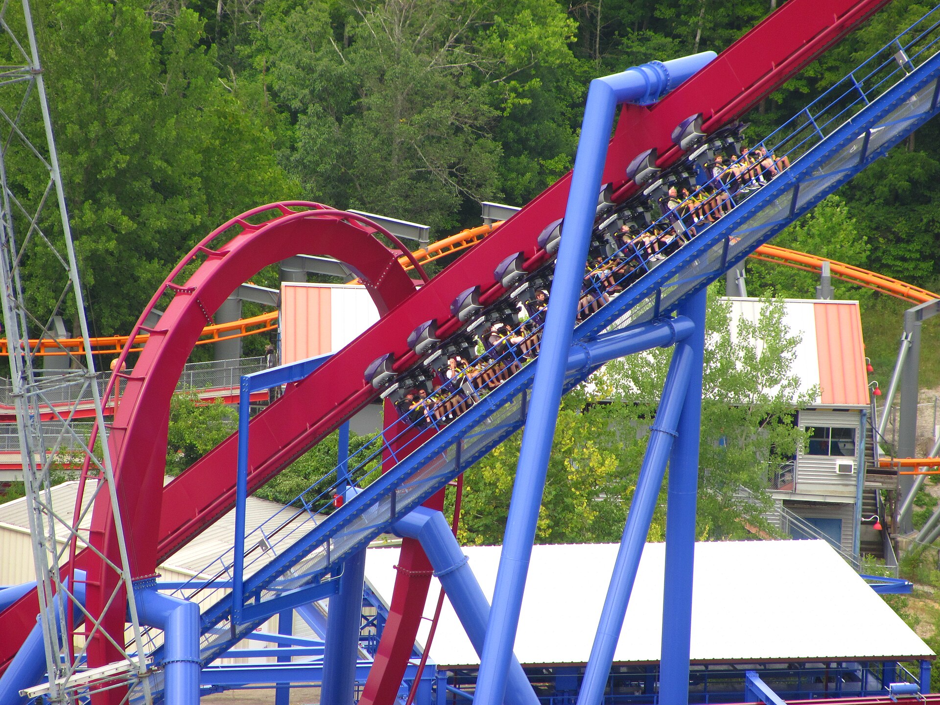 A Banshee train full of riders climbing the magenta lift hill past its blue supports at Kings Island
