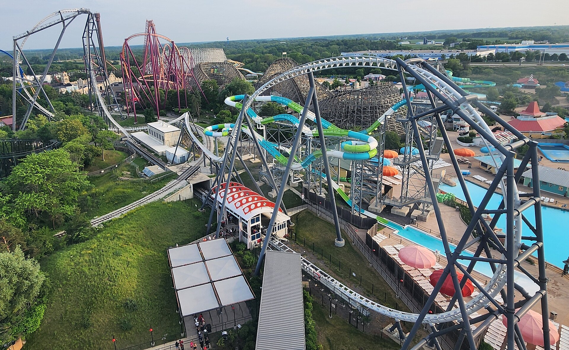 The Maxx Force roller coaster at Six Flags Great America as seen from Sky Trek Tower