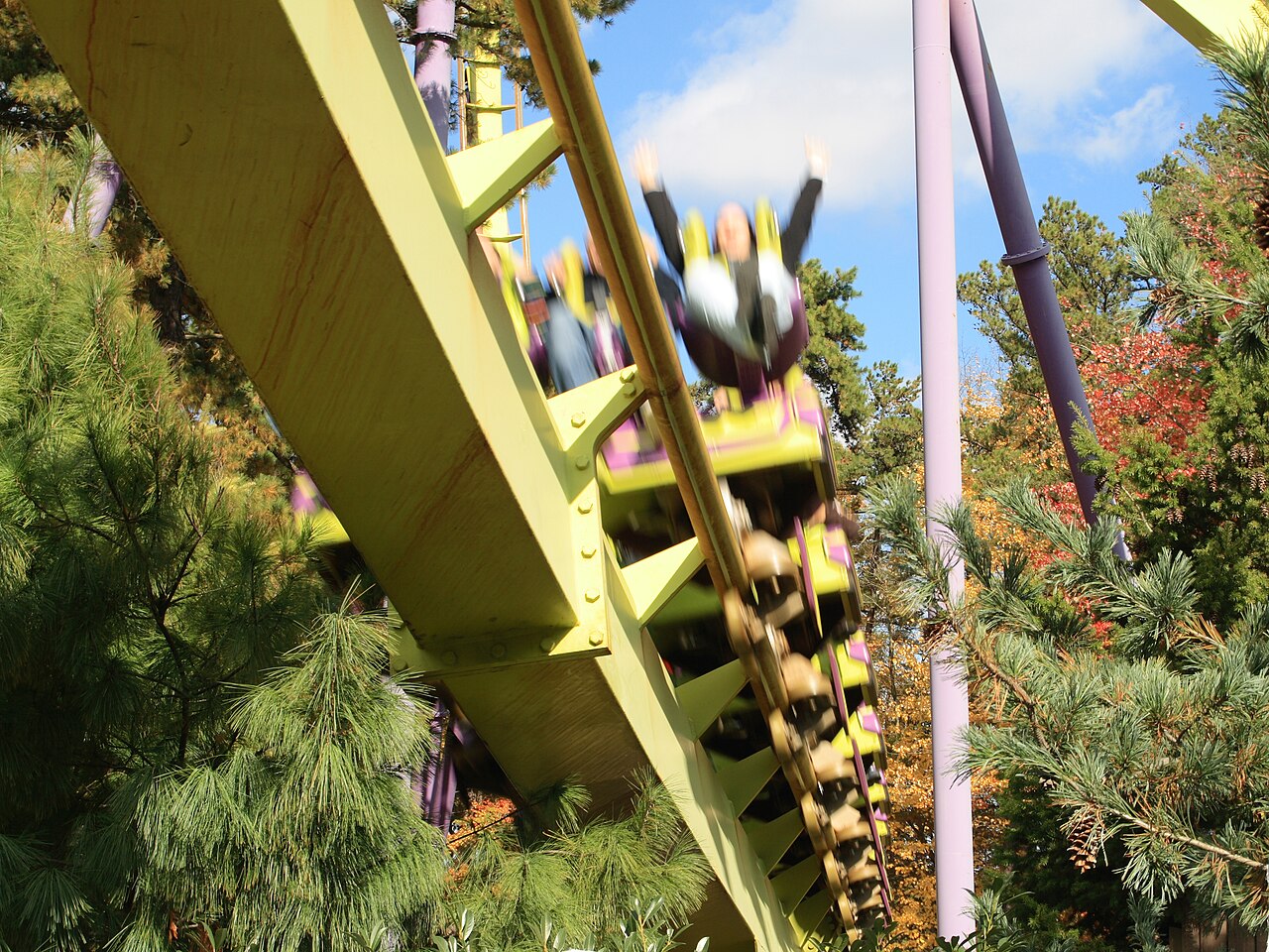 Medusa's train brushes by a tree as it passes very close to the queue