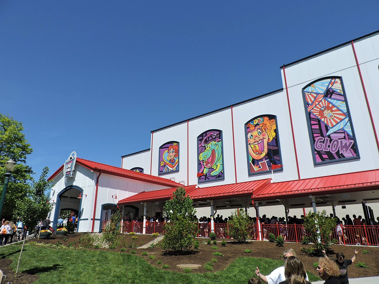 Laff Trakk is an indoor coaster; this is the exterior of the building showing the entrance and covered queue line area