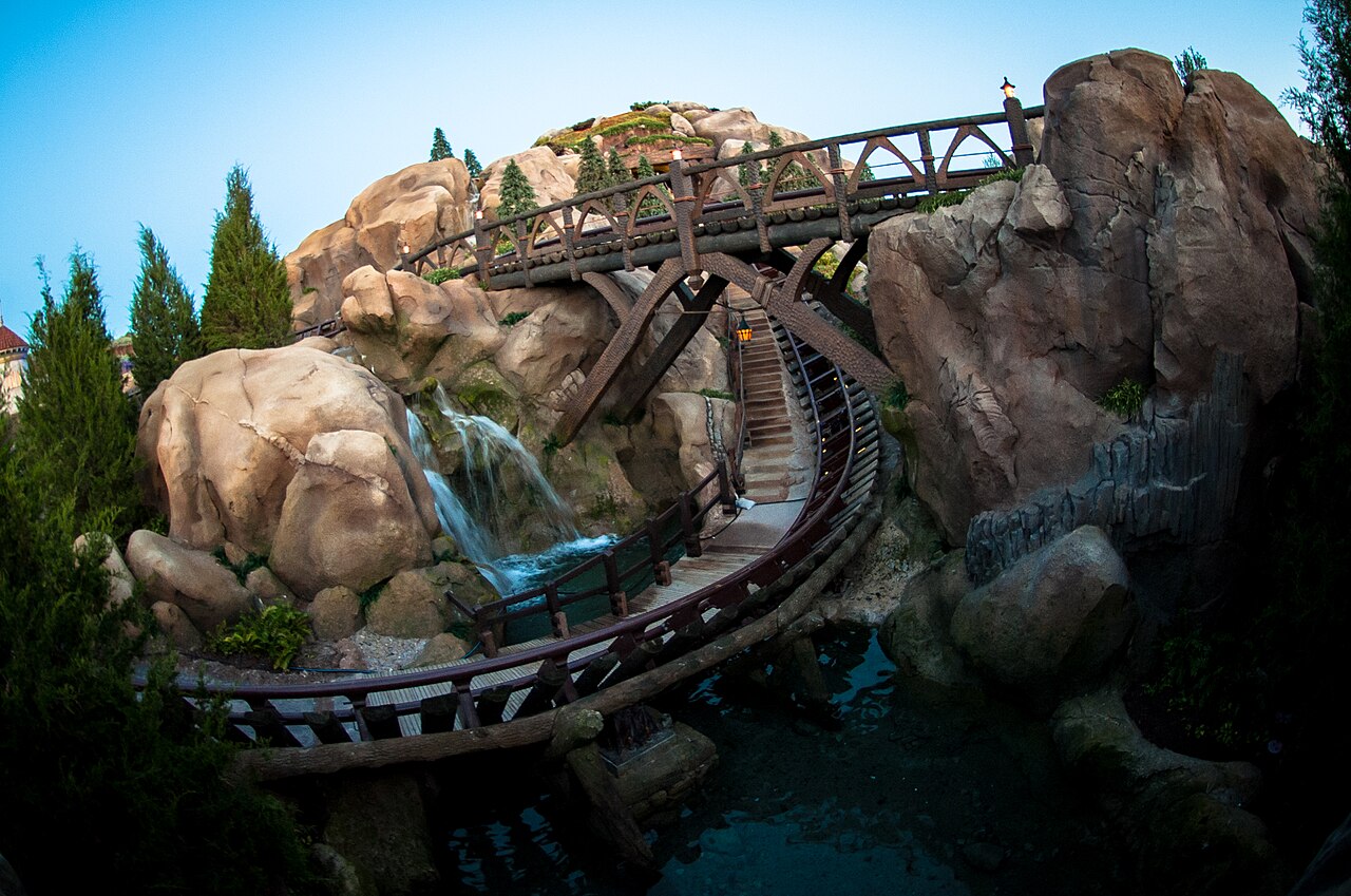 The bridge, waterfall and curving track at dusk