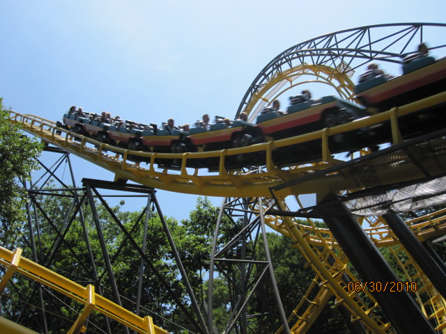 The loch ness monster roller coaster swooping by your heads