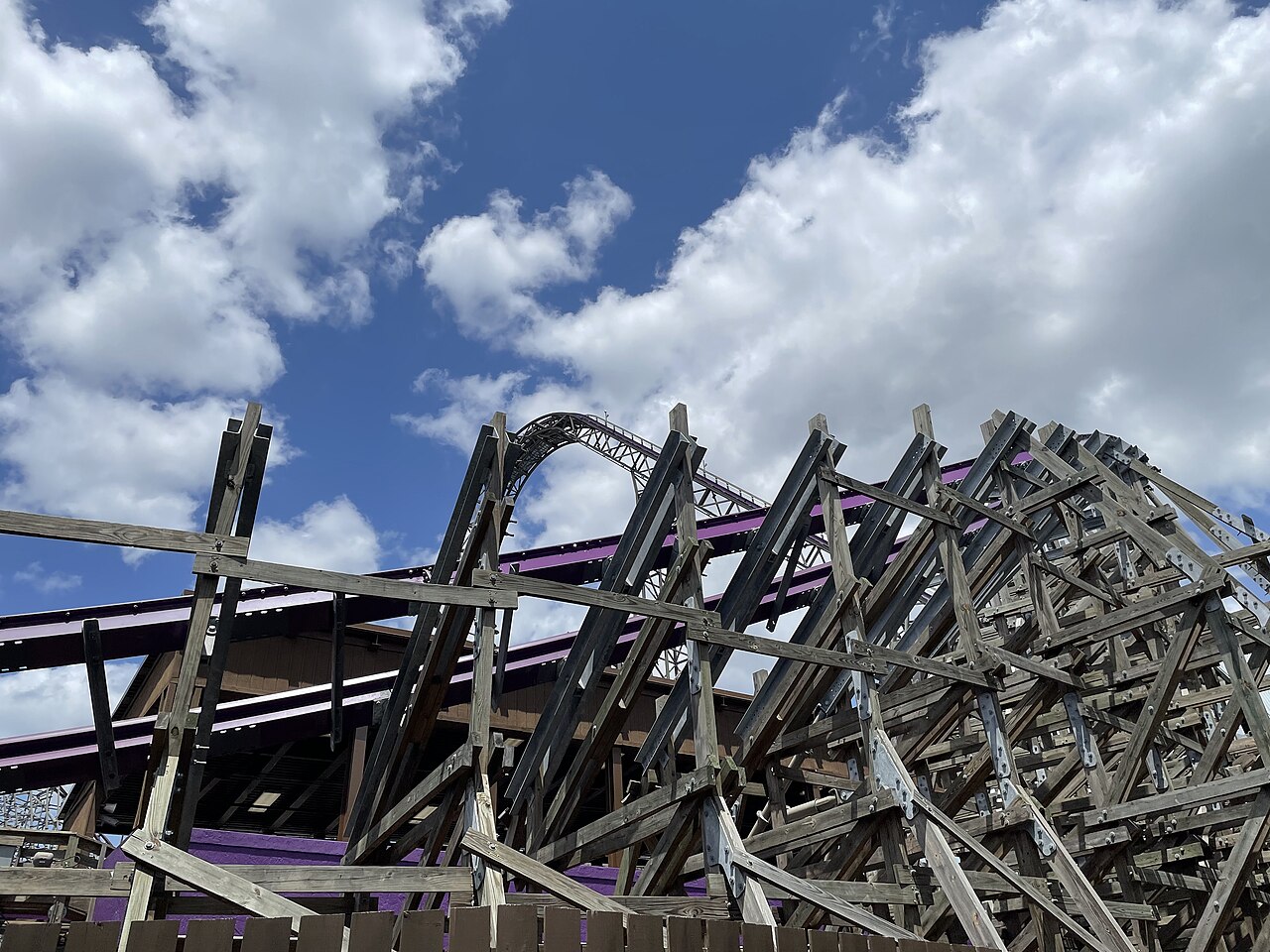 Overlook of Iron Gwazi's layout from the footpath at Busch Gardens Tampa Bay