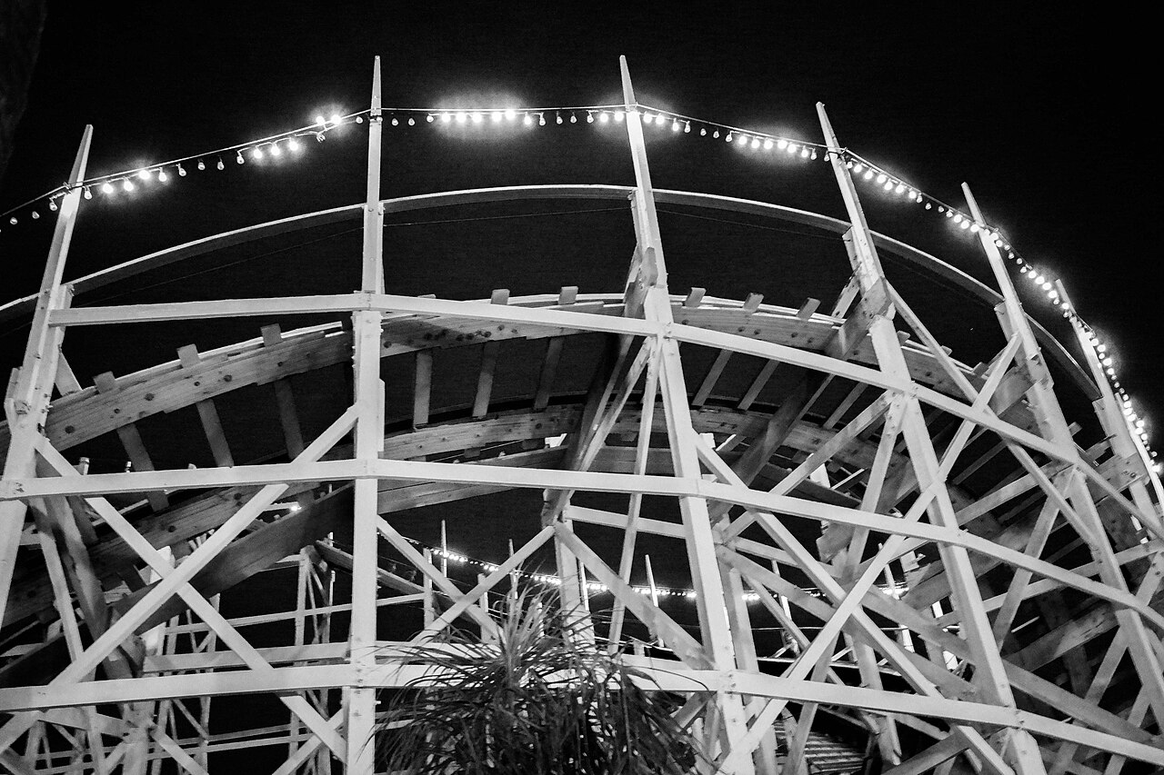 A night view of the Giant Dipper roller coaster in Belmont Park, San Diego