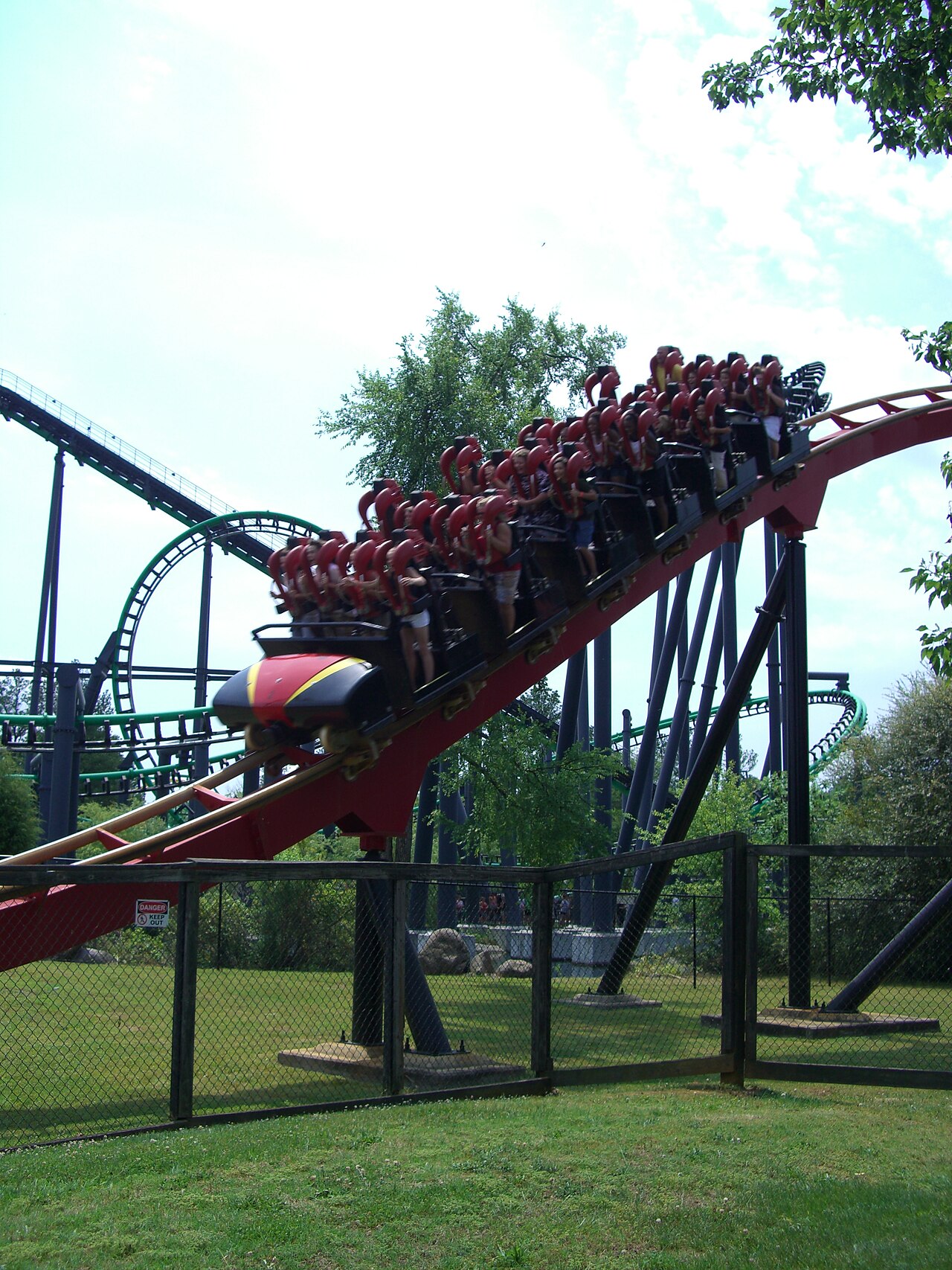 Vortex's drop immediately before its corkscrew at Carowinds