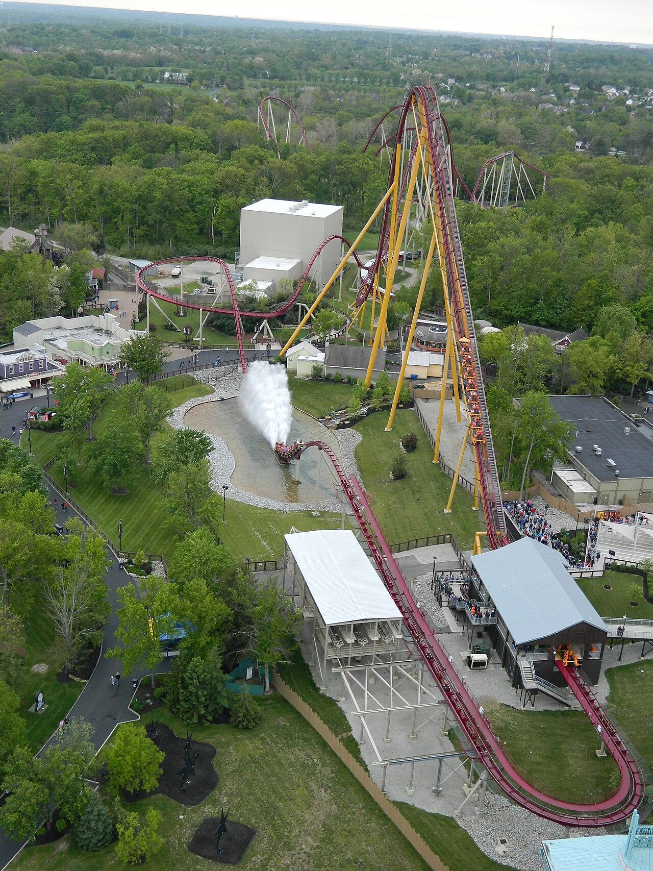 A complete overview of Diamondback at Kings Island, viewed from the park's replica of the Eiffel Tower