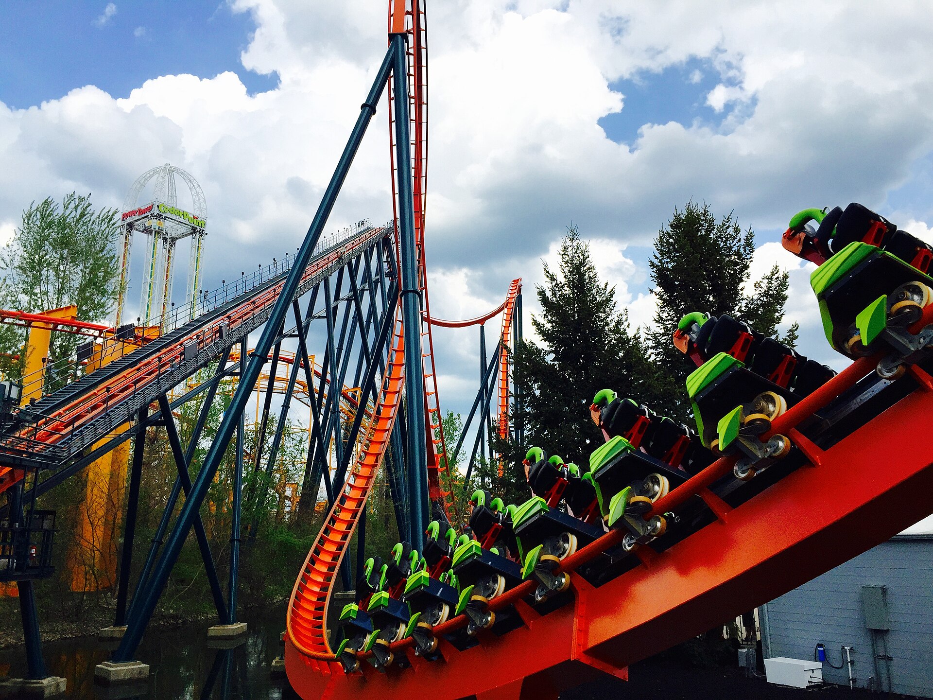 Cars coming out of loop track of Rougarou (roller coaster) at Cedar Point in Sandusky, Ohio