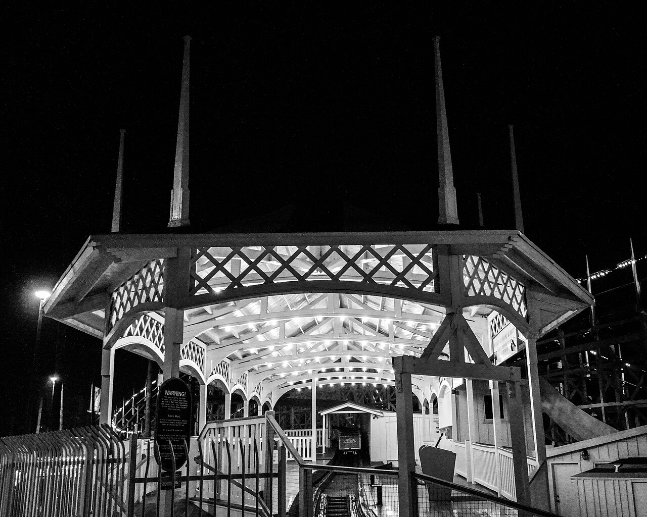 A night view of the Giant Dipper roller coaster in Belmont Park, San Diego