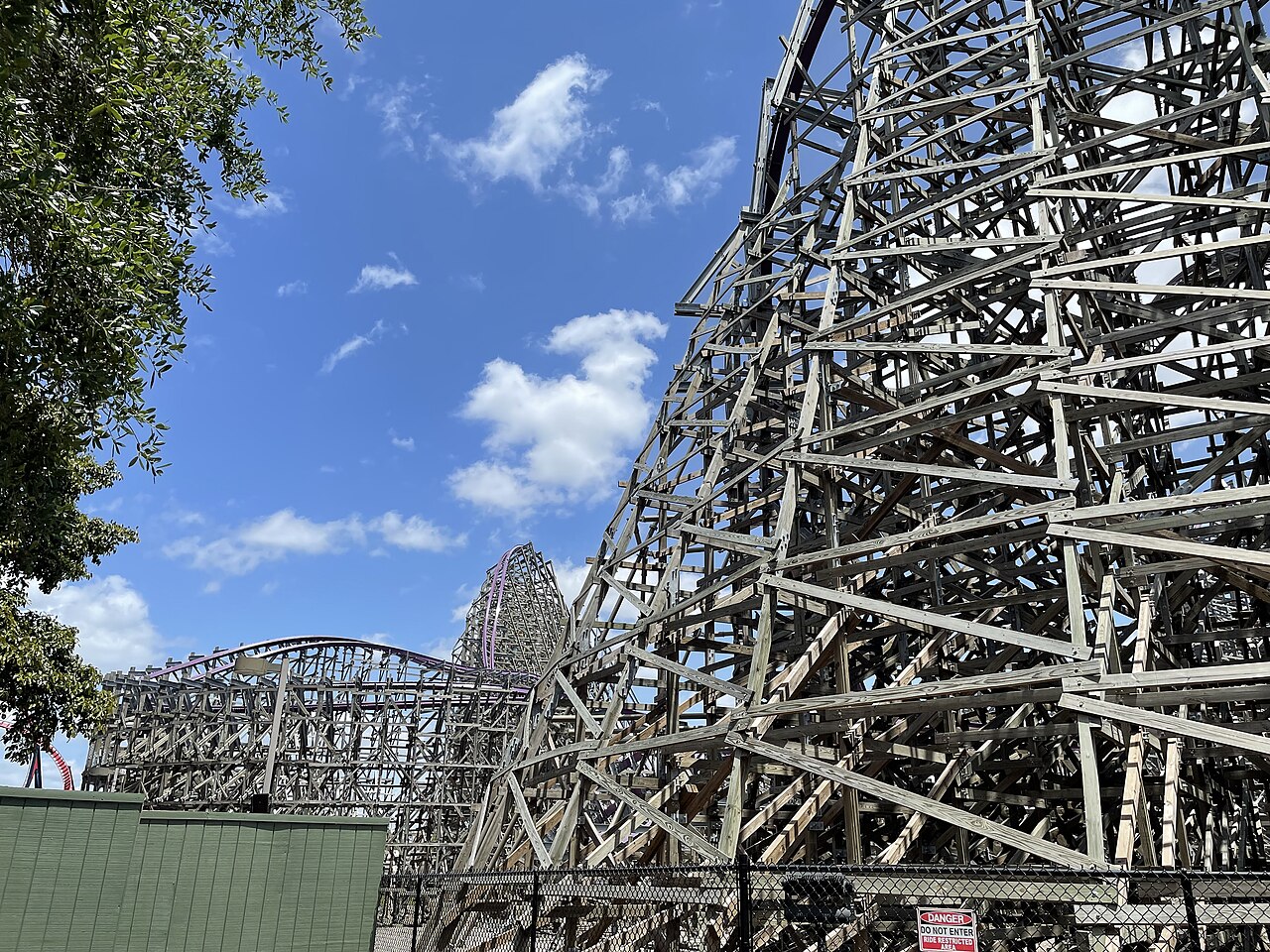 Overlook of Iron Gwazi's layout from the footpath at Busch Gardens Tampa Bay