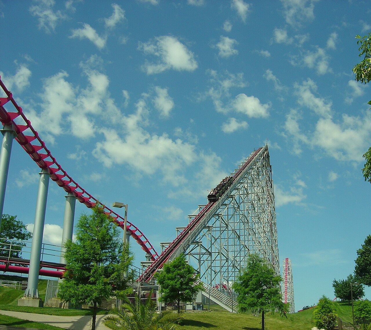 View of the lift hill of Mamba at Worlds of Fun