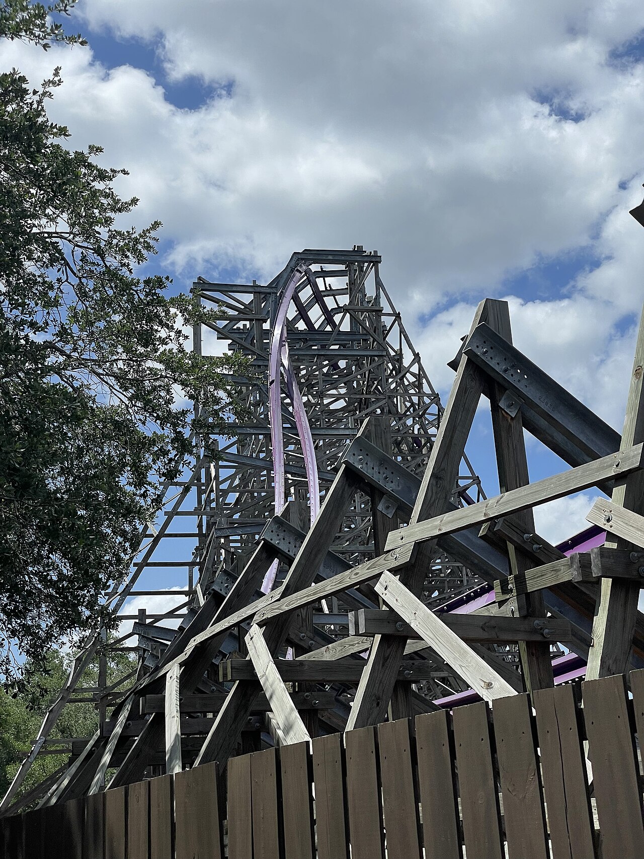 Overlook of Iron Gwazi's layout from the footpath at Busch Gardens Tampa Bay