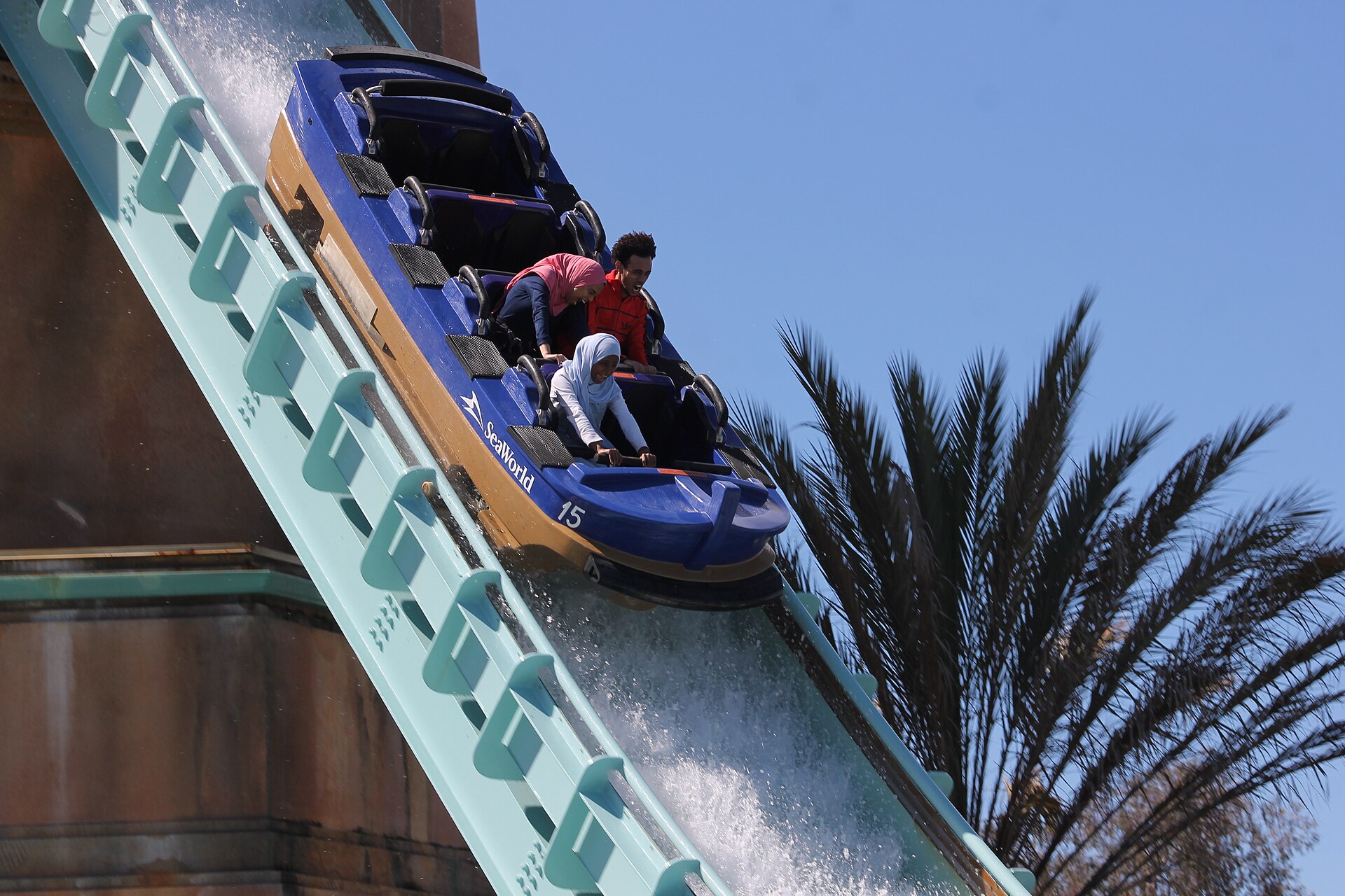 Guests Riding Journey to Atlantis at SeaWorld San Diego