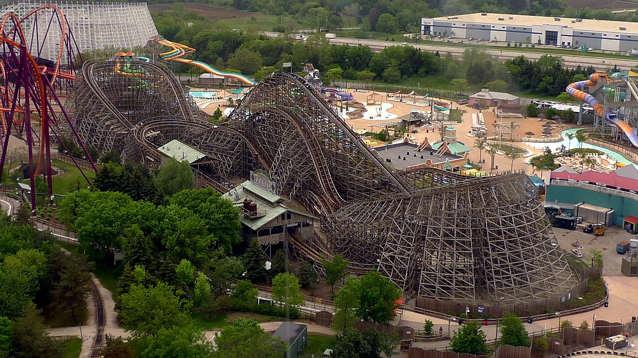 From back to front, the Eagle, the Raging Bull, and the Viper, seen from the Sky Trek Tower