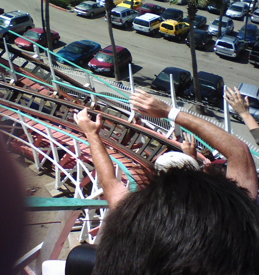Racing down one of the curves on the Giant Dipper roller coaster at Belmont Park in Mission Beach, San Diego, California