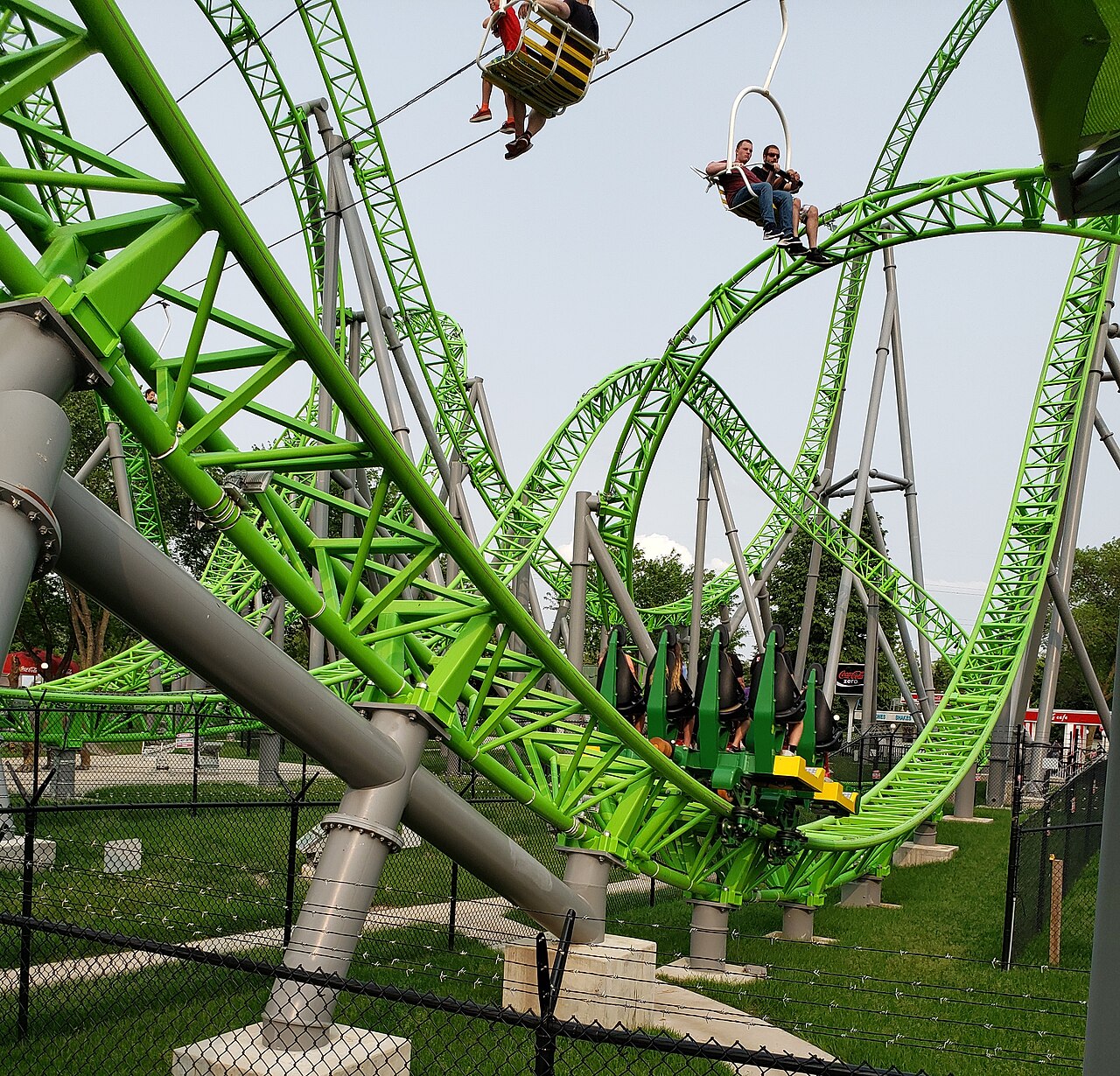 The Monster as seen from its line area. The roller coaster is a Gerstlauer Infinity Coaster at Adventureland in Altoona, Iowa