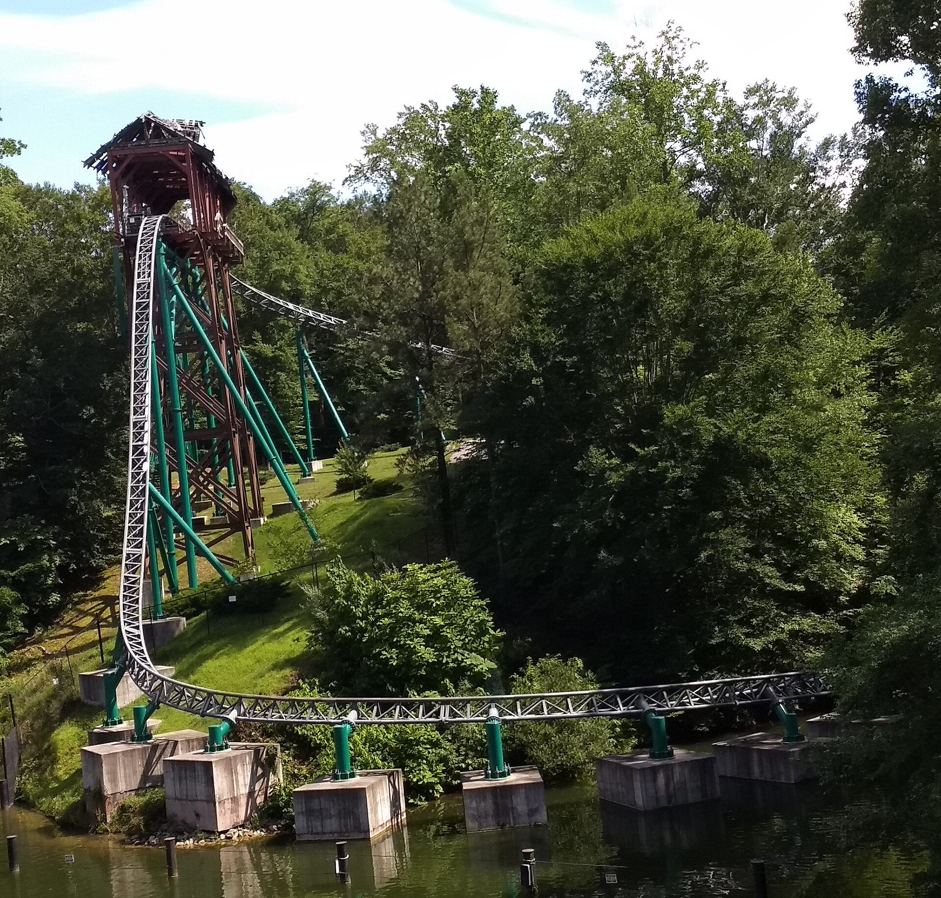 The final drop of Verbolten, a coaster at Busch Gardens Williamsburg