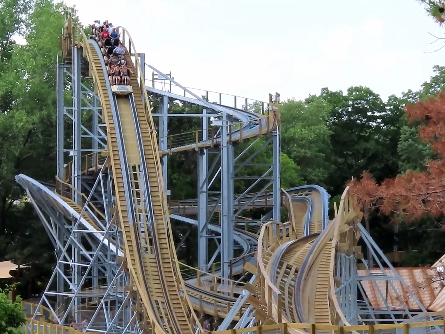 Zambezi Zinger rollercoaster at Worlds of Fun's first drop hill in September 2023 (from screenshot)