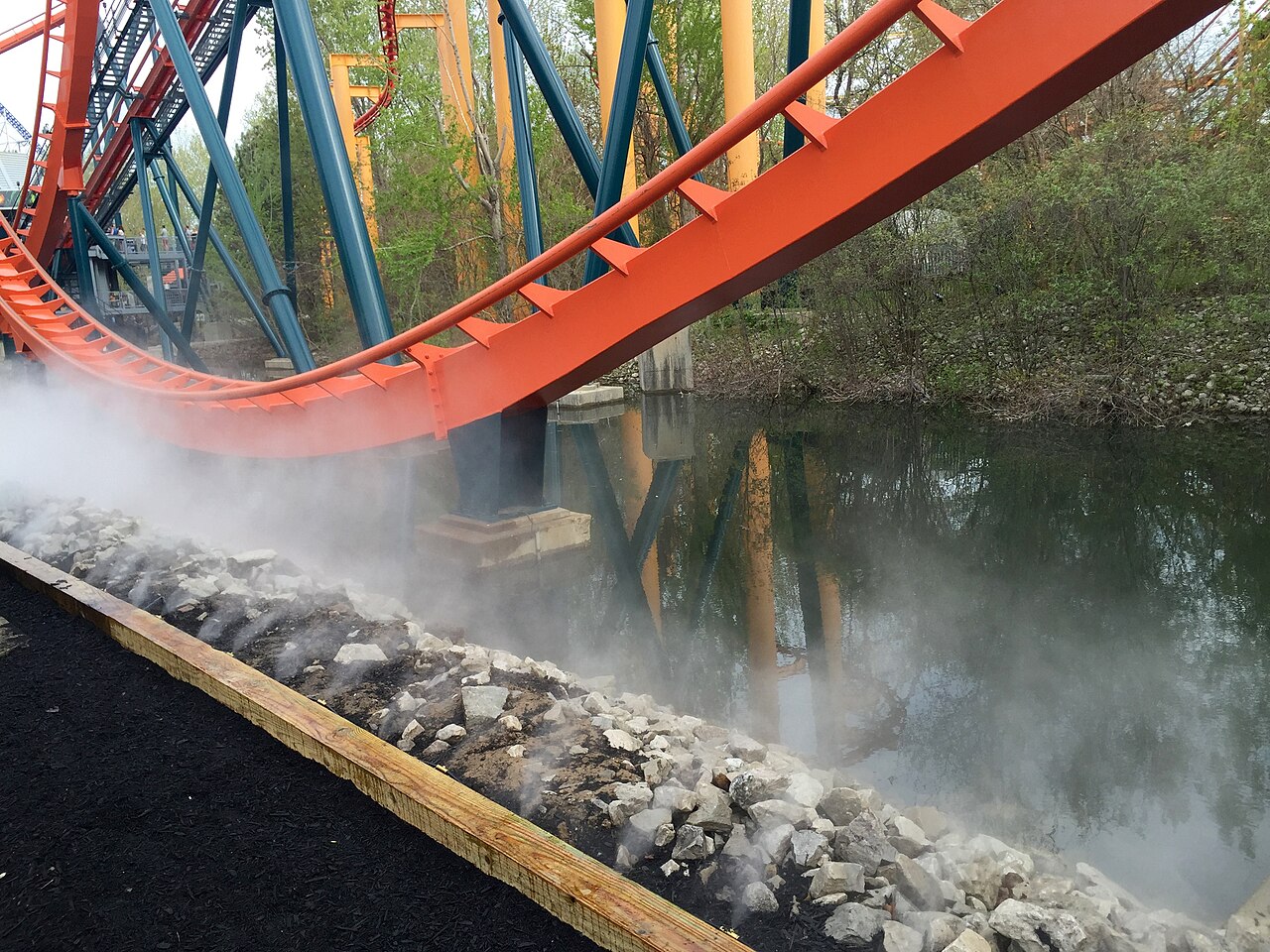Track of Rougarou (roller coaster) over fog at Cedar Point in Sandusky, Ohio