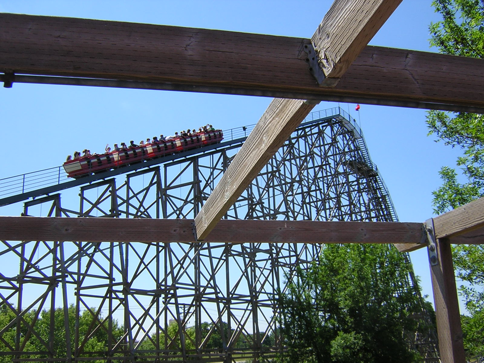 Lift hill of Excalibur roller coaster ride at Cedar Fair's Valleyfair! amusement park in Shakopee, Minnesota, USA