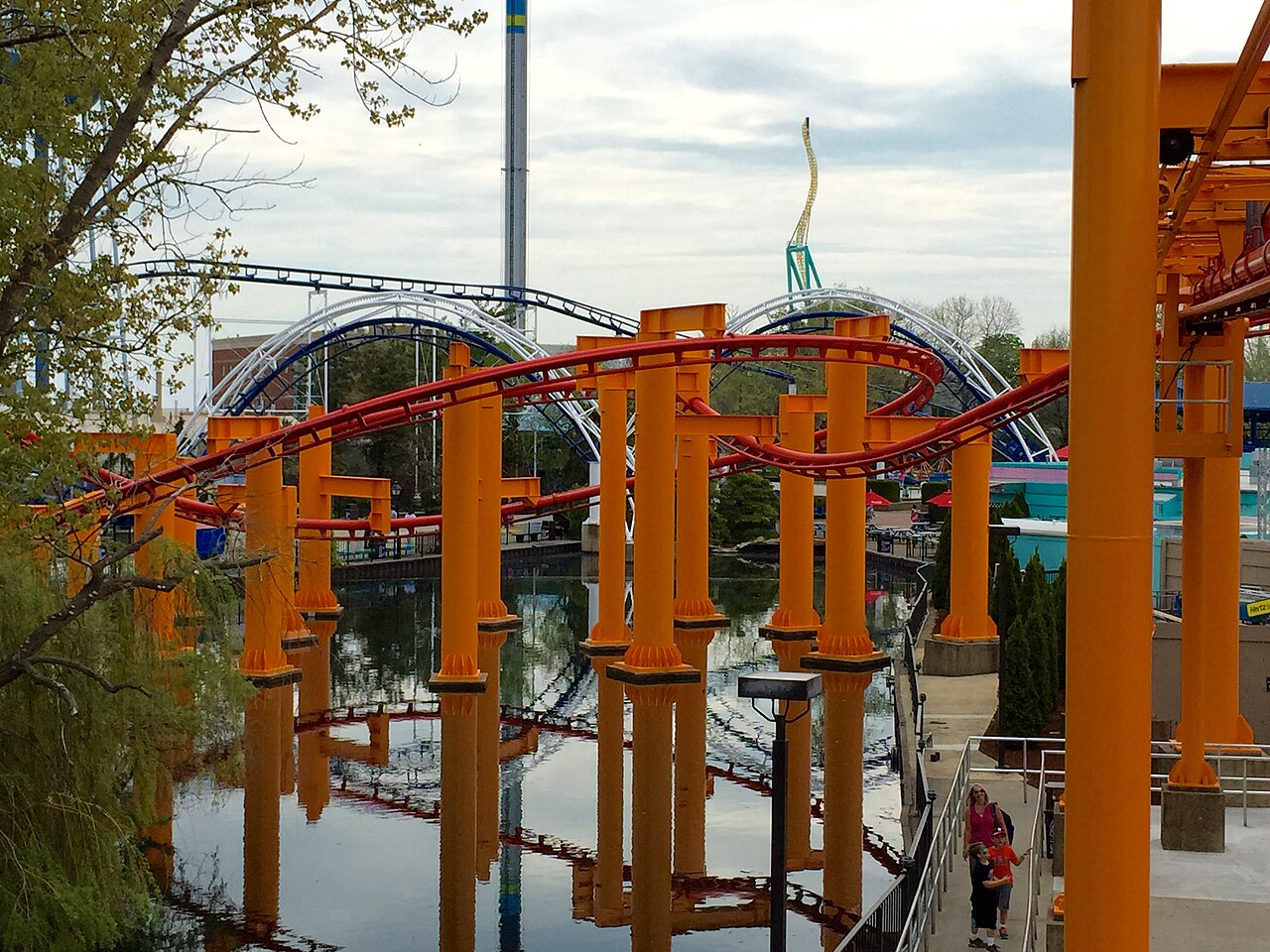 Track of Iron Dragon over lagoon at Cedar Point in Sandusky, Ohio