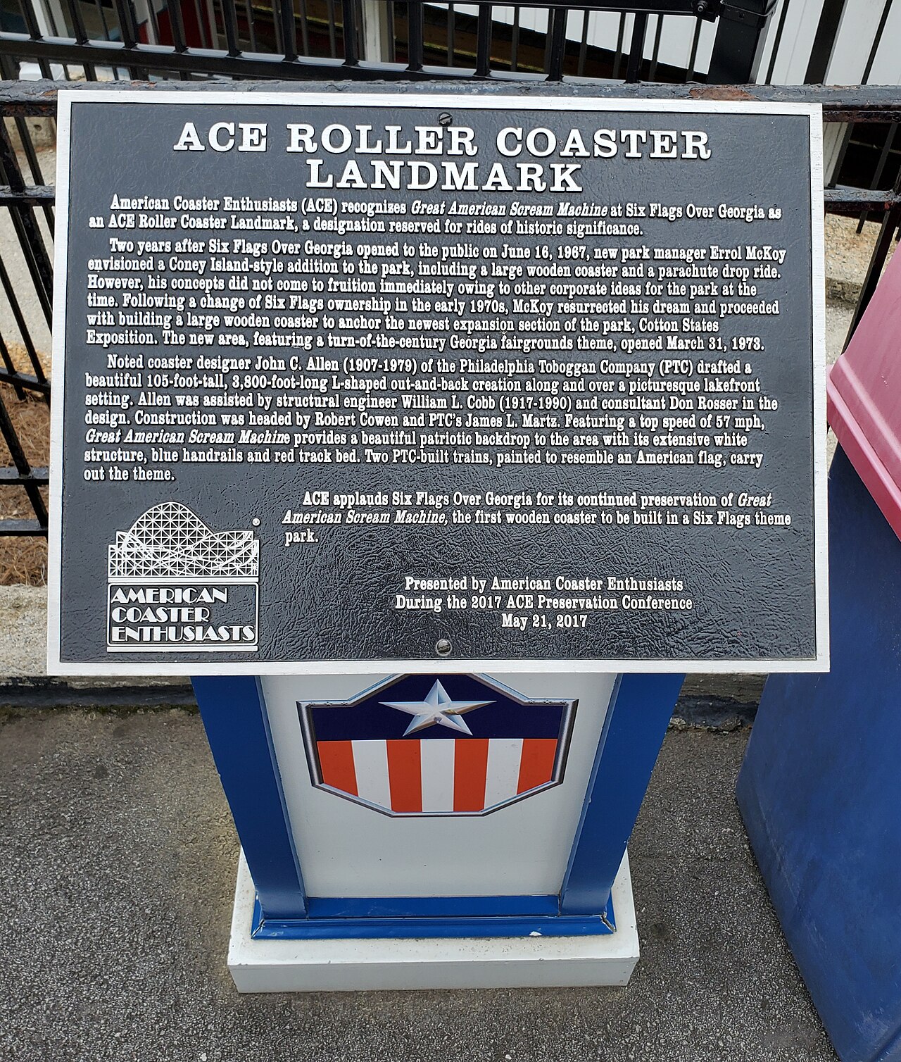ACE Roller Coaster Landmark plaque for the Great American Scream Machine at Six Flags Over Georgia