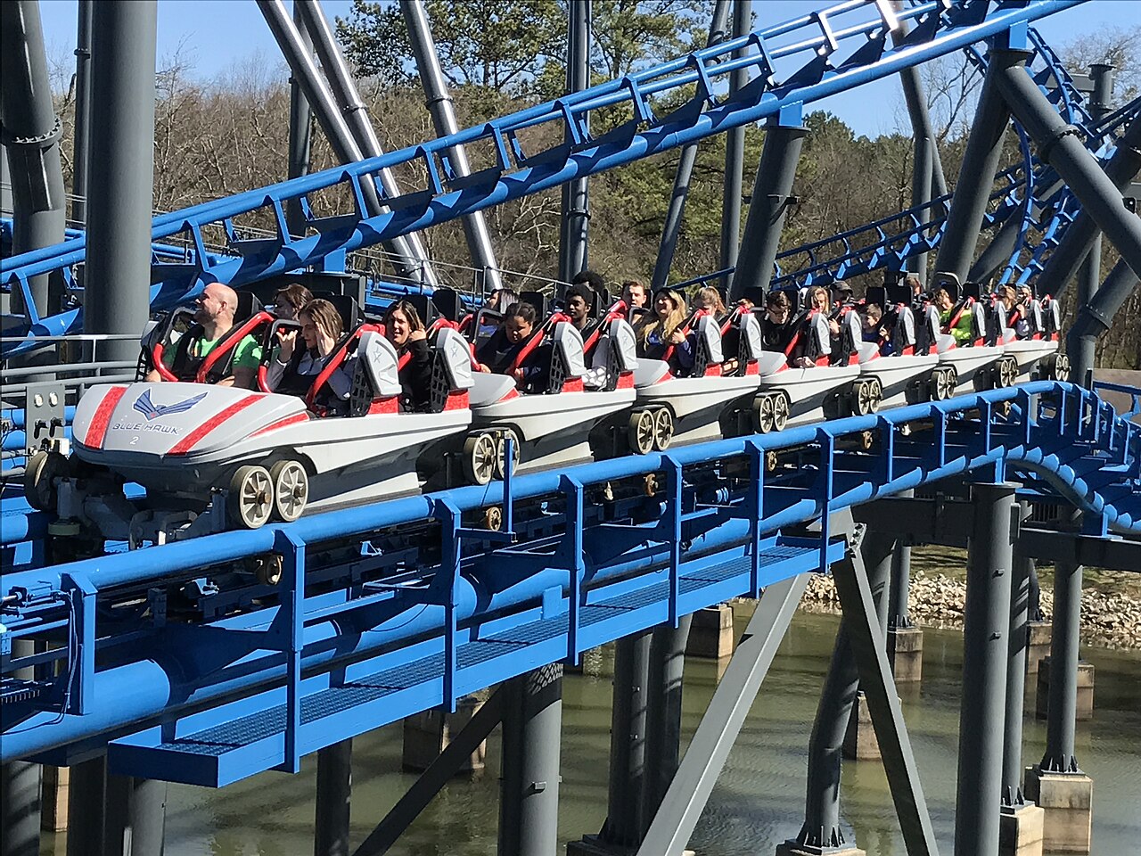 One of two trains used on Blue Hawk at Six Flags Over Georgia
