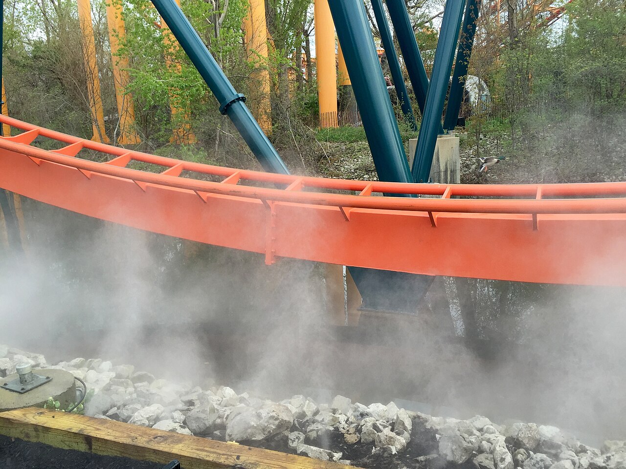Track of Rougarou (roller coaster) over fog at Cedar Point in Sandusky, Ohio